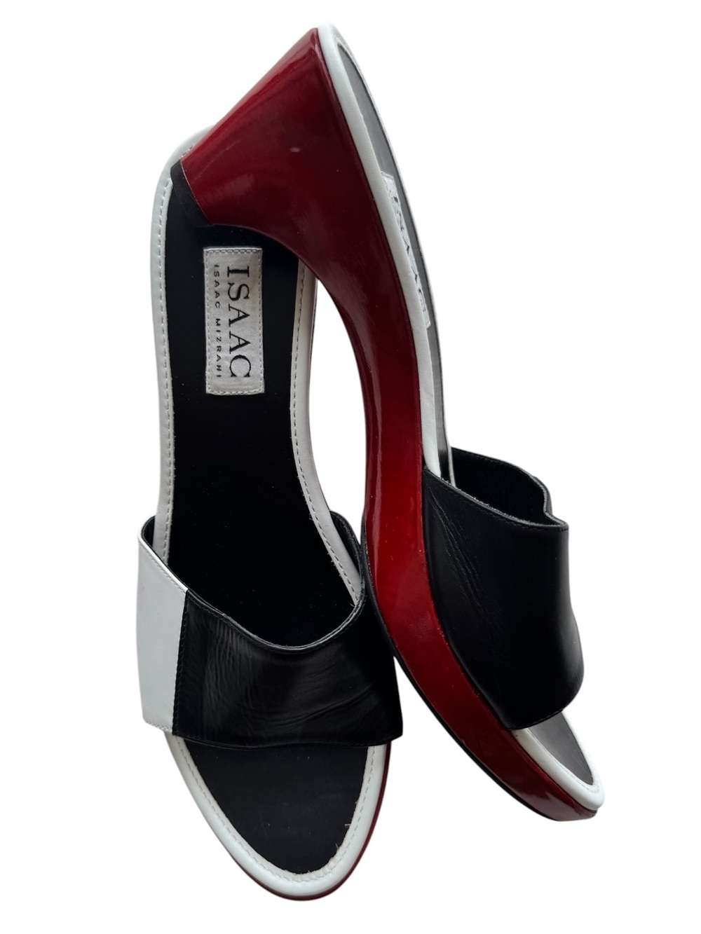 Isaac Mizrahi Black White and Red Open-Toe Colorblock Pumps